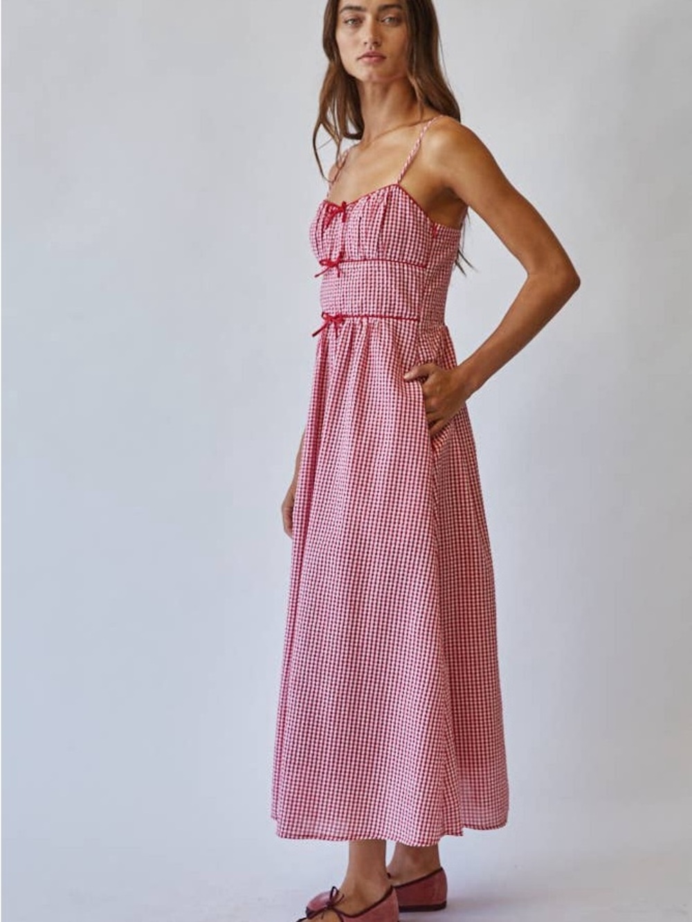 Red Gingham Midi Sundress with Spaghetti Straps - Picture 3 of 7
